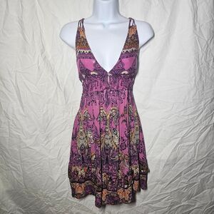 Free people boho whimsigoth purple paisley babydoll open back dress